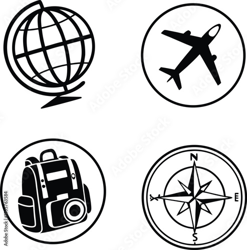 Travel and Exploration Icon Set – Globe, Airplane, Backpack, Compass Vector Illustration