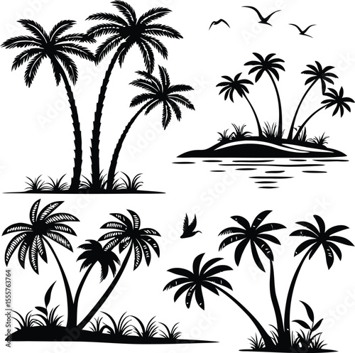 Tropical Island and Palm Tree Silhouettes Set – Beach Landscape with Birds Vector Illustration