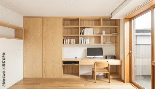 Foto Modern minimalist home office with natural wood built in shelving and desk