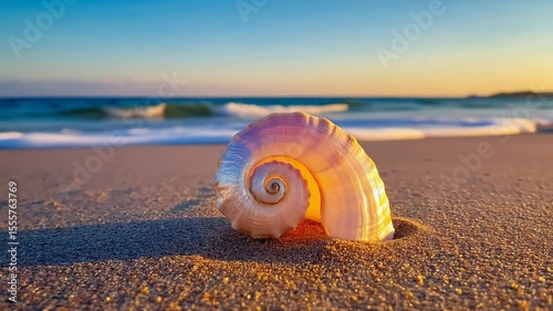 Beautiful seashell resting on sandy beach at sunset with gentle waves lapping nearby