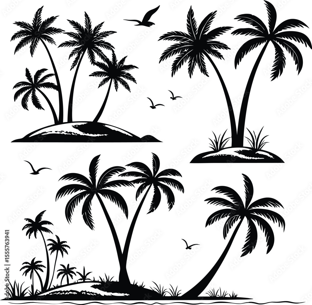 Fototapeta premium Tropical Island and Palm Tree Silhouettes Set – Beach Landscape with Birds Vector Illustration