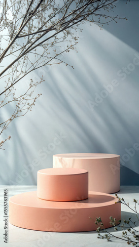 Minimalist peach podiums with delicate branches and soft shadows display pastel