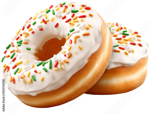 Two delicious, glazed donuts, one prominently in the foreground, generously topped with white frosting and colorful sprinkles.

