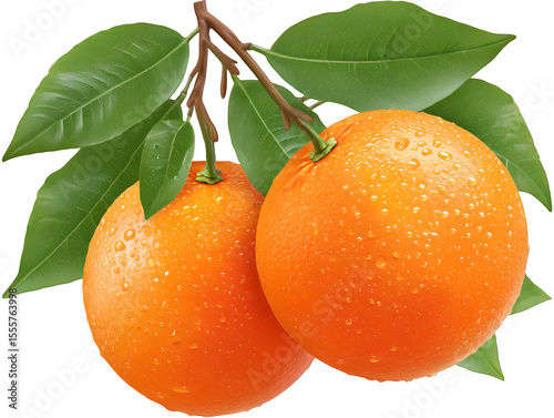 Two fresh, ripe oranges hang from a brown branch with vibrant green leaves, covered in small water droplets.

