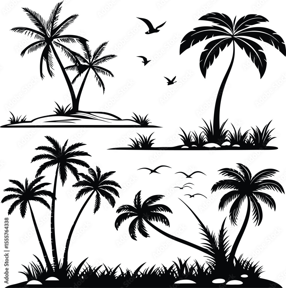Fototapeta premium Tropical Island and Palm Tree Silhouettes Set – Beach Landscape with Birds Vector Illustration