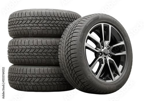 Isolated Stack of Winter Tires with Alloy Wheel Detail