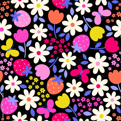 Cute flower, strawberry and butterfly seamless pattern design for spring season background.
