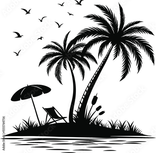 Tropical Island Palm Tree Silhouette Vector Illustration