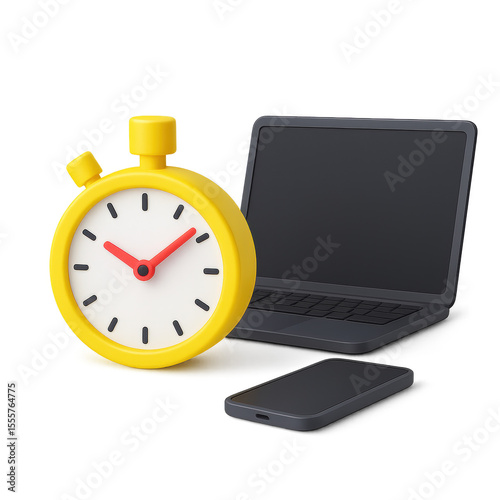 Productivity time check: Close-up of a stopwatch with laptop and phone to check your working progress.