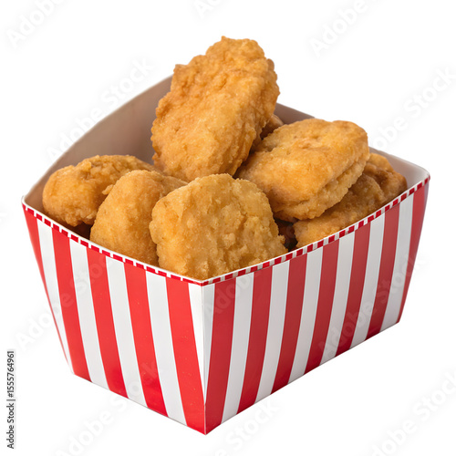 Crispy chicken nuggets in a red and white striped container isolated on transparent background