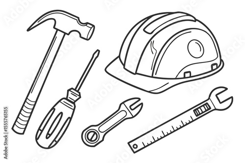 Construction tools including hammer helmet wrench and drill