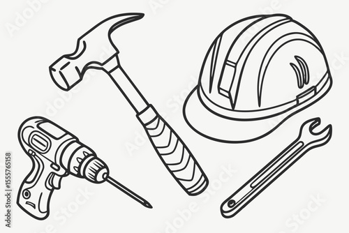 Construction tools including hammer helmet wrench and drill outline