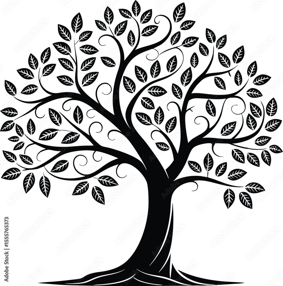 Obraz premium Decorative Tree Silhouette with Curved Branches and Leaves
