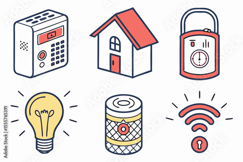 Isometric icons of smart home security devices on white background