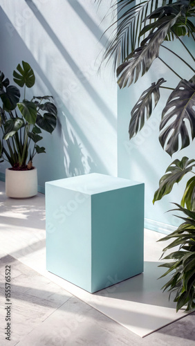 Pastel cube podium with plants and shadows blue green