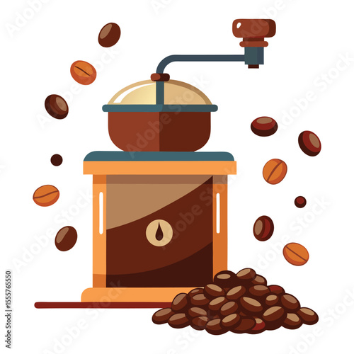 Retro wood coffee grinder with roasted brown beans for a morning drink