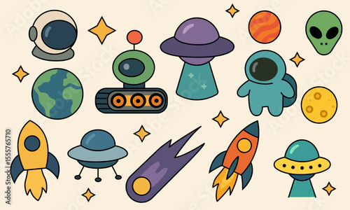 Flat vector set of cute space-themed icons including rockets, planets, stars, UFOs, astronauts, aliens, comets, and more. 