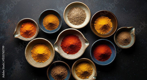Vibrant Collection of Aromatic Spices in Small Bowls