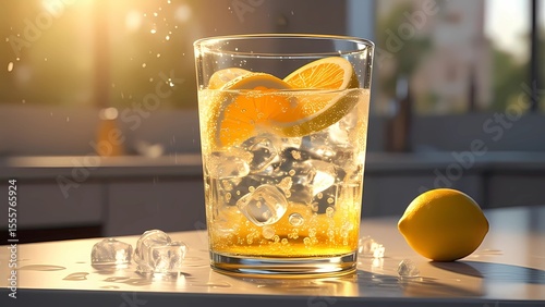 A vibrant and refreshing glass of sparkling water or lemonade, filled with ice cubes and garnished with bright lemon and orange slices.