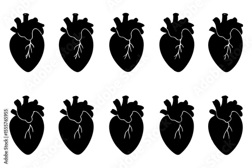 Ten Black Silhouettes of Anatomical Hearts