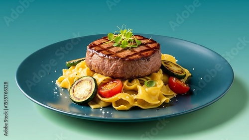  A perfectly grilled, juicy steak medallion, featuring distinct grill marks and a succulent interior, served atop a bed of golden yellow tagliatelle or fettuccine pasta.