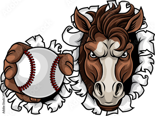 Horse mustang bronco stallion baseball softball angry sports team mascot holding a ball.