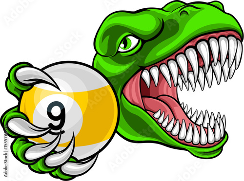 Dinosaur nine ball pool billiards sports mascot holding a 9 ball cartoon illustration