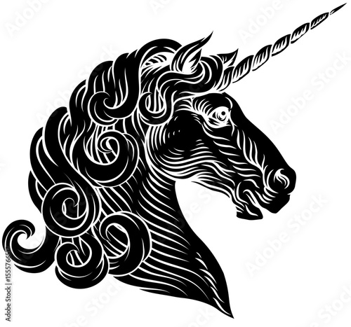 Unicorn horse head, an original illustration in a retro woodcut etching vintage style