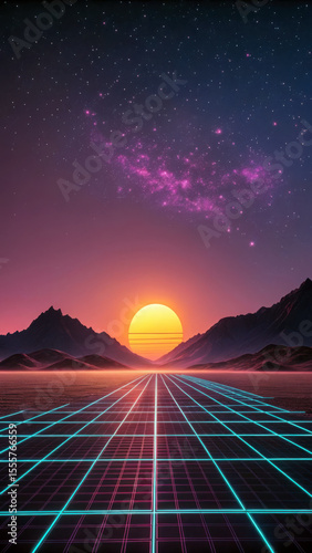 Retro synthwave landscape featuring a glowing orange sun over mountains and a neon grid image