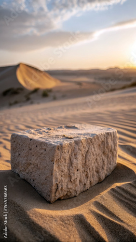 Rough stone podium on rippled sand dunes at sunset desert
