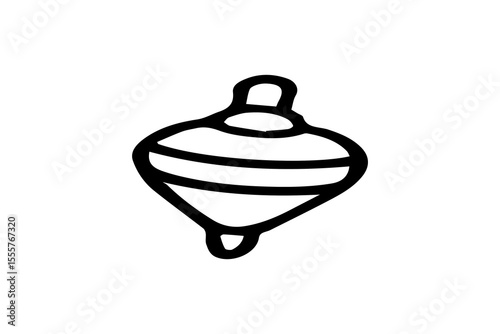 This is a black and white line icon of a spinning top toy, depicted with a rounded, symmetrical body and a narrow tip at the bottom. The top has horizontal bands to suggest motion and design detail.