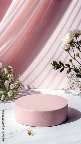 Soft pink podium with delicate white flowers circular matte