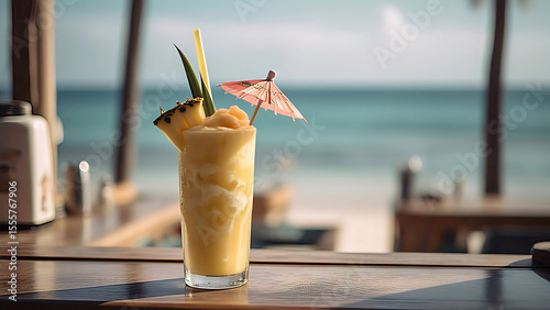 A tall glass of a creamy, blended yellow tropical drink, likely a smoothie or cocktail, garnished with a pineapple slice, a green leaf, and a small pink paper umbrella.