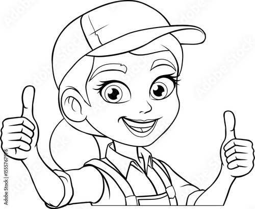 A woman female worker in overalls or dungarees and cap. Could be a plumber, gardener, decorator or possible electrician or mechanic cartoon mascot.