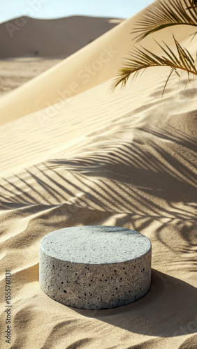 Textured gray stone pedestal on sand with palm shadows image