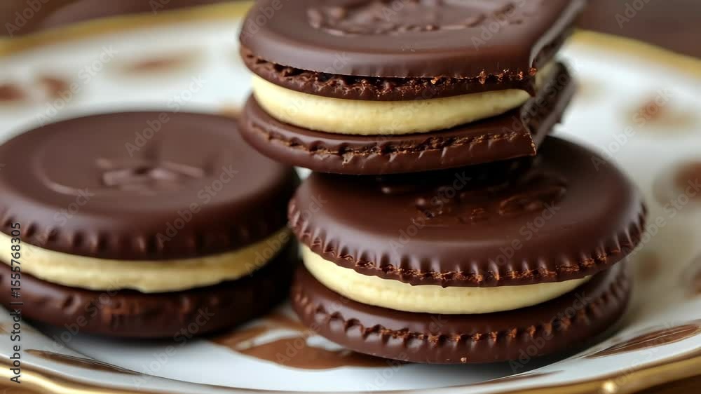 Delicious cream filled chocolate biscuits displayed beautifully on a plate, Cream Filled Chocolate Biscuits Rotating