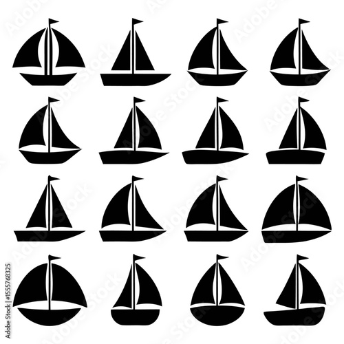 A grid of sixteen black silhouette images of sailboats with different sail shapes