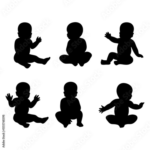 Six black silhouette illustrations of babies sitting in various poses on white background