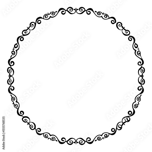 A decorative circular frame with ornate swirls and curls in black on a white background