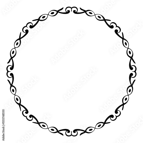 A decorative circular frame with repeating black swirl and eye shaped elements