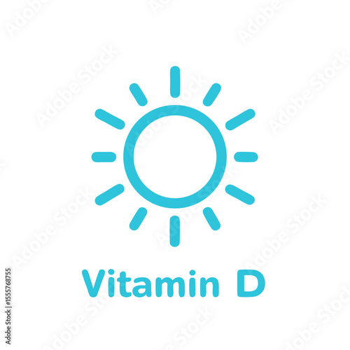 A light blue sun icon with rays and the words vitamin d below it on a white background