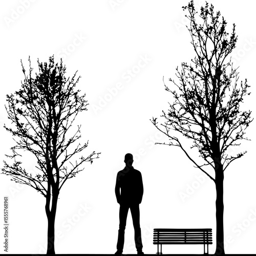 Silhouette of a man standing between two trees with a bench next to one tree