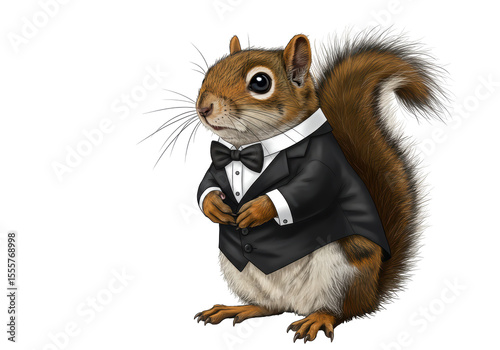 Isolated Squirrel Wearing a Tuxedo and Bowtie
