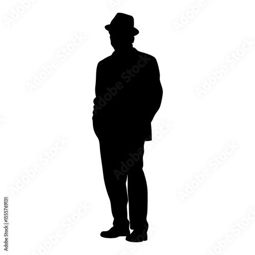 A silhouette of a man wearing a hat and suit standing with hands in pockets pose