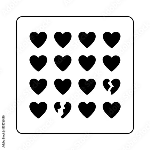A grid of black heart icons with two broken hearts on a white rounded square shape
