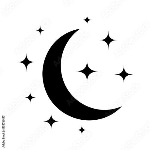 A black crescent moon surrounded by several stars on a white background image art