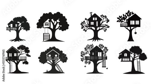 Creative black treehouse icon featuring detailed design elements such as ladders, windows, branches, and rooftop structures, representing imaginative outdoor play, nature connection, 