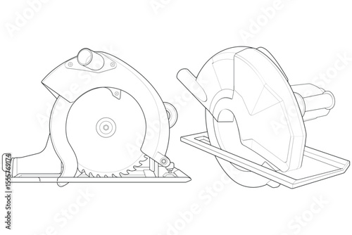 Set of outline vector Illustration of Circular Saw Power Tool. Cordless Handheld Electric Wood Cutter.