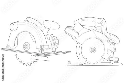 Set of outline vector Illustration of Circular Saw Power Tool. Cordless Handheld Electric Wood Cutter.