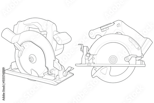 Set of outline vector Illustration of Circular Saw Power Tool. Cordless Handheld Electric Wood Cutter.